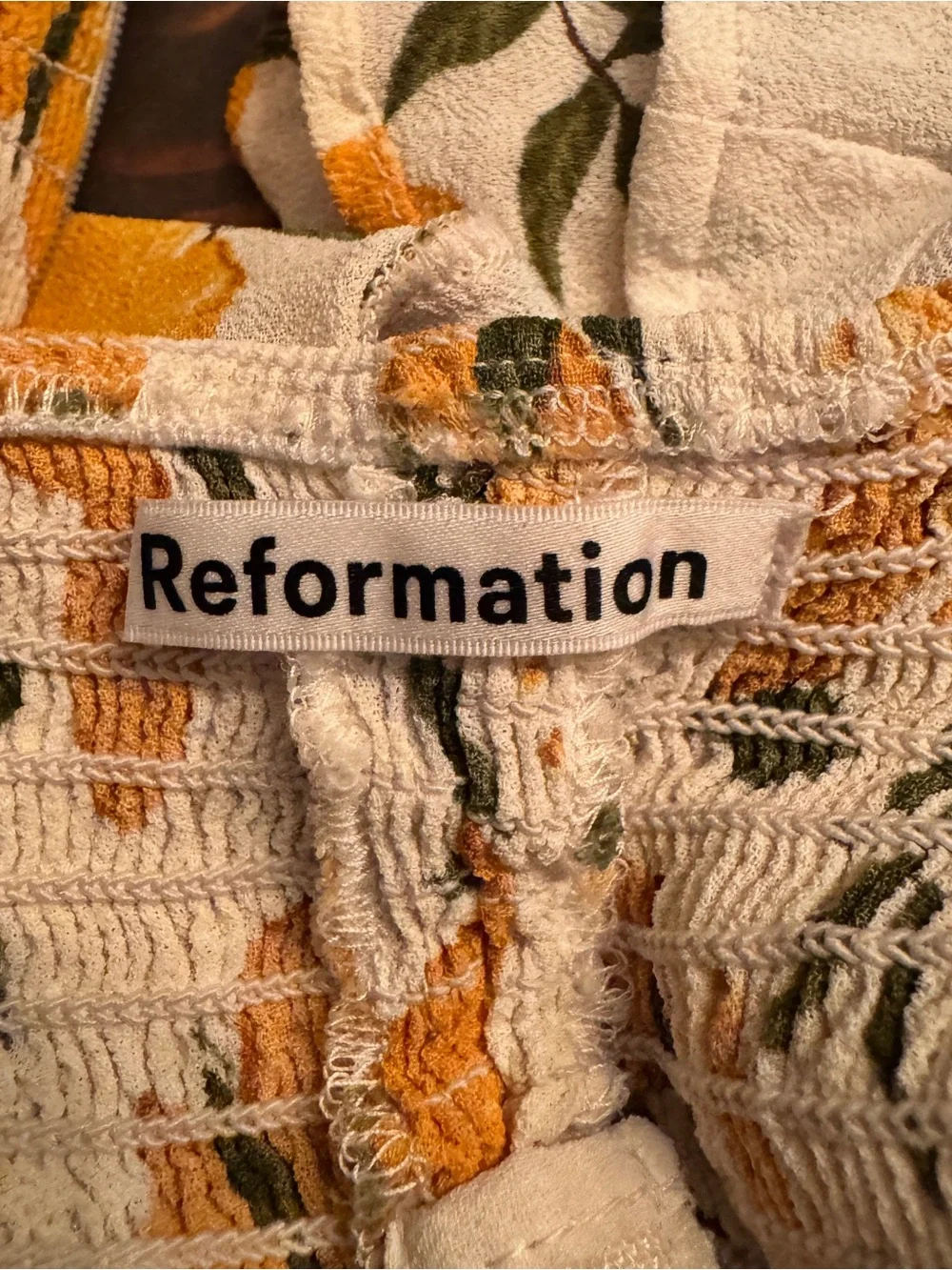 Reformation Delevan Top Size 10 Ivory Lemon Print Sweetheart Puff Sleeve Smocked